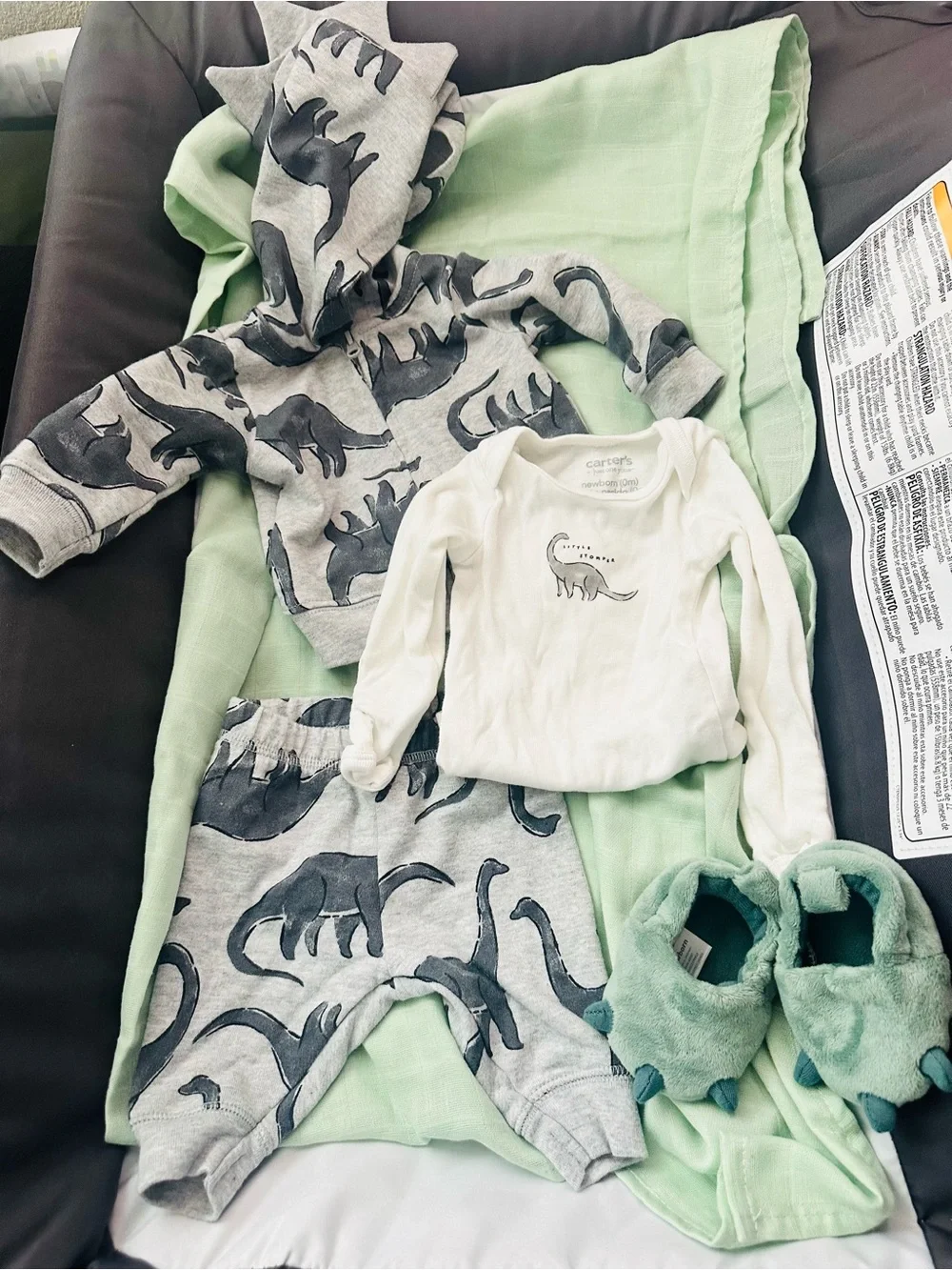 Carter's 3 piece set with Gray Dinosaur Graphic & slippers